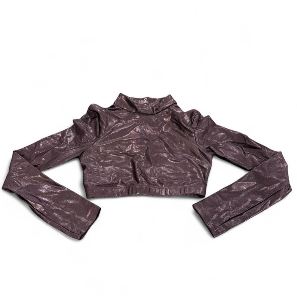 Double Platinum Performance Wear Black Shiny Cropped Long Sleeve Dance Top M